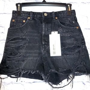 ZARA High Rise Black Distressed Denim Fray Hem Shorts Womens Size 2 Grunge NWT